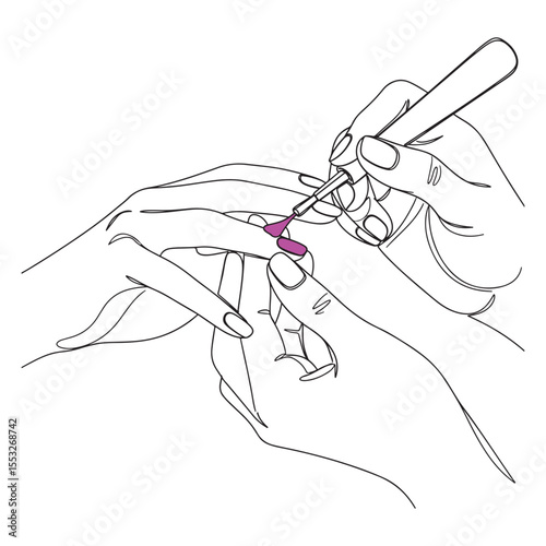 Woman applying purple nail polish to fingernail hands