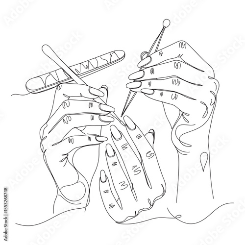 Woman filing nails with manicure tools continuous line drawing