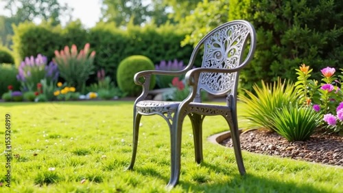 Elegant garden chair on green lawn surrounded by vibrant flowers  