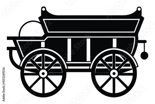 Antique Style Wagon Vector Graphic Featuring Four Large Wheels and Open Carriage Area