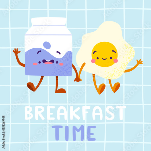 Cute breakfast food characters banner. Textured cartoon breakfast mascot poster.
