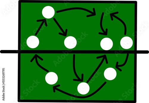 Simple volleyball court diagram with player positions and movement arrows. Ideal for coaching, strategy planning, training sessions, and volleyball education illustrations or materials.