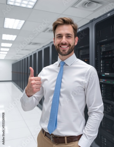 Professional it specialist celebrating success in data center corporate environment portrait shot optimistic concept