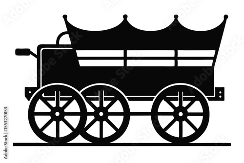 Black Silhouette of Covered Wagon with Canopy and Six Spoked Wheels Artistically Rendered