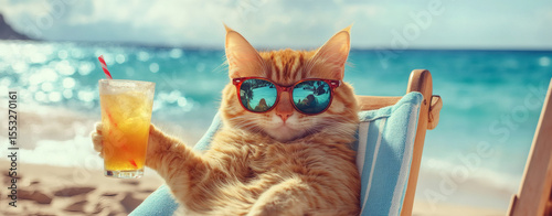 A relaxed cat wearing sunglasses enjoys a tropical drink while lounging on a beach chair by the ocean.
