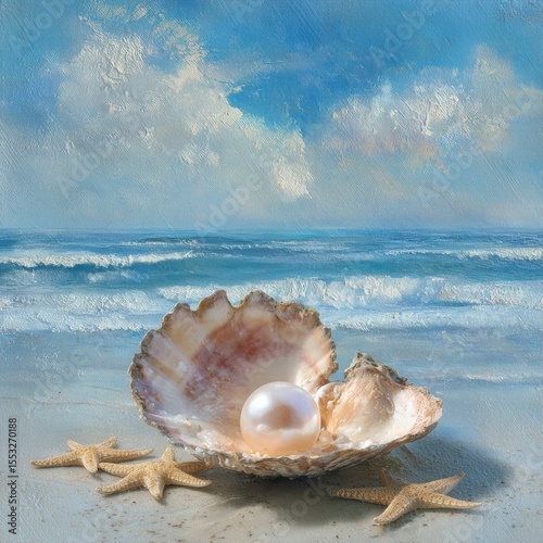 Painted Impression of a Seashell Displaying a Pearl on a Beach Coastline Under a Cloudy Sky