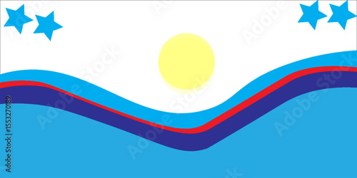 Abstract wavy patriotic design with yellow sun, blue waves, red and dark blue curves, and bright blue stars on white background. Perfect for festive, celebratory, or national themes.