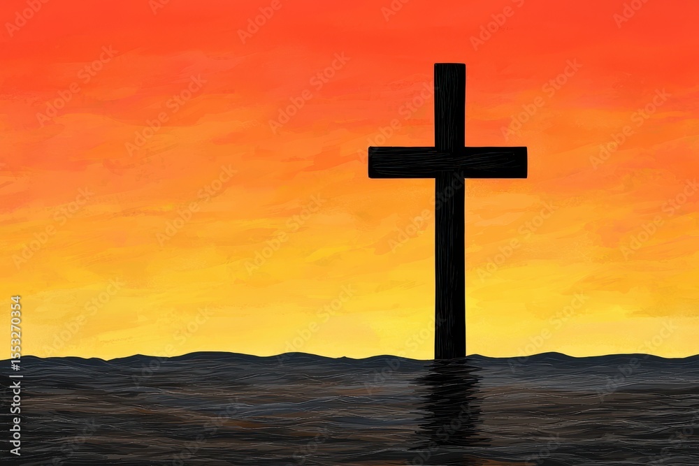 Black Cross Silhouette Against Vibrant Sunset Black Cross Silhouette Against Vibrant Sunset