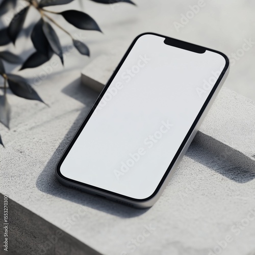 Minimalist smartphone on textured surface with leaves and shadows