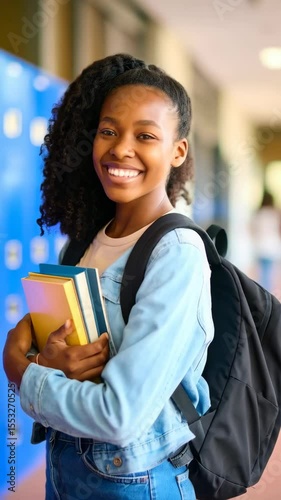Cheerful African American student in school hallway holding books and smiling with a backpack, ready to learn and achieve academic success.