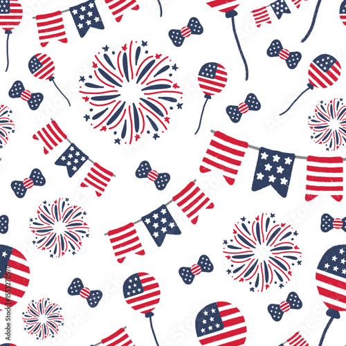 Seamless Fourth of July pattern with flags, fireworks, and festive decorations in red blue