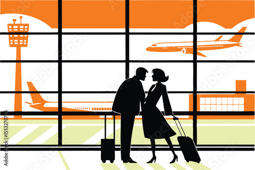 Romantic couple silhouette saying goodbye at airport departure gate