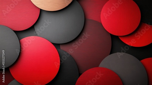 This striking image features an arrangement of colorful circular shapes in shades of red, black, and metallic tones, creating a unique abstract composition that captivates viewers.