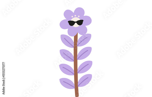Cool purple flower with sunglasses cute vector illustration on transparent background