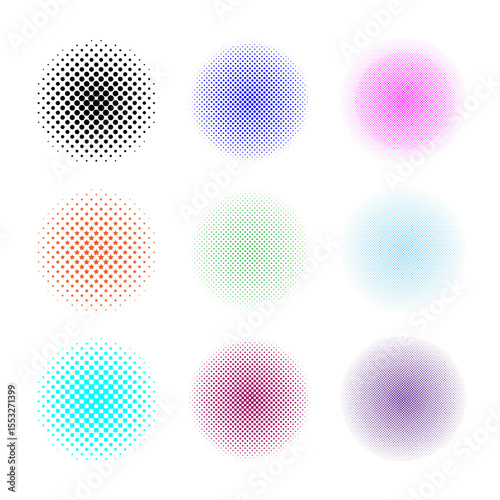 Collection of vibrant editable halftone dot pattern circles in various colors and styles. Perfect for pop art, modern design, comic elements, and graphic. Isolated on transparent background.