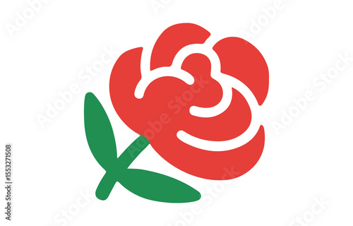 Stylized Red Rose with Green Leaves Illustration on Transparent Background