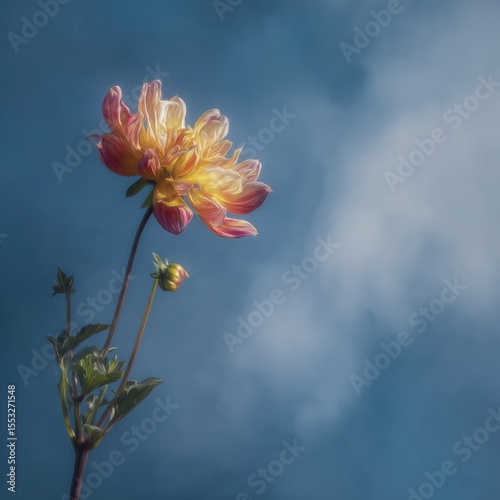 Artistic dahlia bloom reaching to soft blue sky ethereal light creating enchanting visual harmony serene nature backdrop