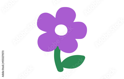 Simple Purple Flower with Green Stem and Leaf on Transparent Background