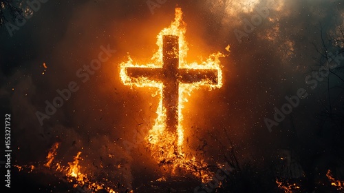 Fiery cross engulfed in dramatic flames, emitting glowing embers and thick, dark smoke at dusk.
