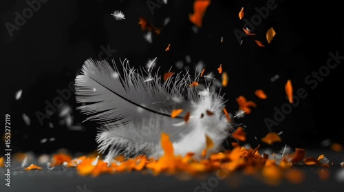 A striking close-up of a white feather surrounded by vibrant orange petals and smaller white feathers floating in the air against a dark background, creating a serene and artistic visual.