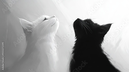 Yin and Yang Serene Contemplative feline duo, Monochrome Elegance Black and White Cats looking up with soft brush stroke effect