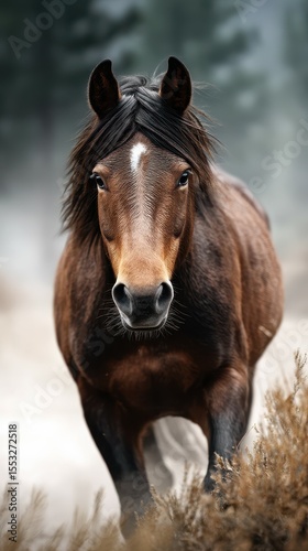 Wild horse running through a misty forest landscape in early morning light near a hiking trail in autumn