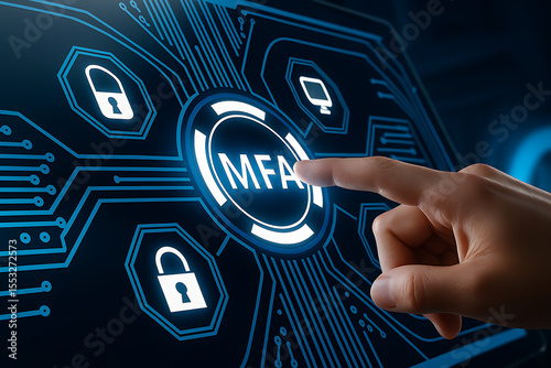 Businessman Pressing Virtual MFA Button – Multi-Factor Authentication in Cloud Computing with SaaS, PaaS, IaaS, and AWS Integration. MFA Concept with Biometric, OTP, and Face Recognition – Advanced 

