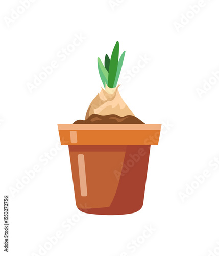 Hand drawn Vector illustration of growing flower bulbs with sprouts in classic brown pot with soil, Nature ecology potted plants, Harvest, product, offspring, gardening theme isolated on white