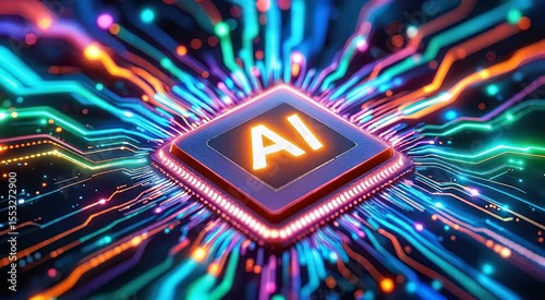 Artificial Intelligence Chip with Glowing Circuitry and Data Flow Visualization Concept