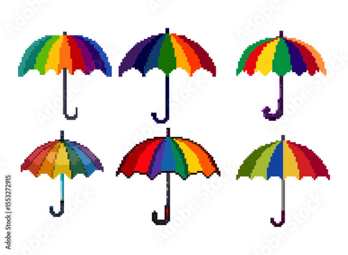 Pixel Art Rainbow Umbrellas Collection, Colorful Weather Icons, vibrant collection of six distinct pixel art umbrellas, each bursting with bright rainbow colors and subtle variations in design.