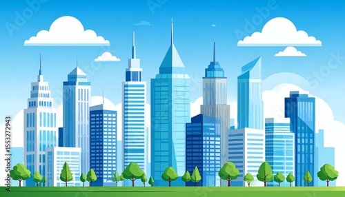 Cityscape Vector: Modern Blue Skyscrapers, Green Park