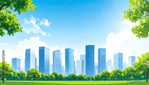 Cityscape with Green Park & Blue Sky Vector Art