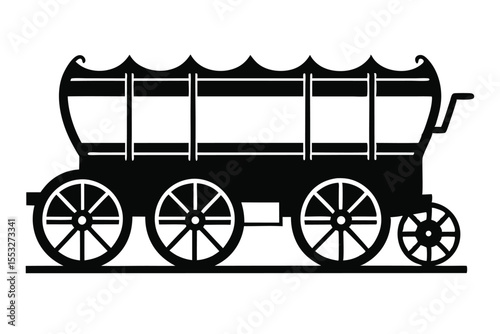Silhouette of a Traditional Covered Wagon with Spoked Wheels and Ornate Canopy Design