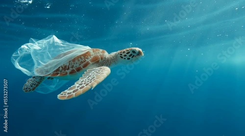 A sea turtle struggles with a plastic bag entangled around its body while swimming in the ocean, a poignant visual of marine pollution.