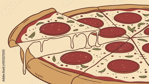 A vector illustration of delicious Italian pizza with cheese, pepperoni, tomato, and fresh vegetables, perfect for a fast-food meal or snack