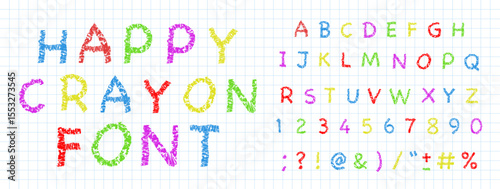 Crayon kids font, doodle funny playful alphabet, hand drawn letters and numbers. School wax crayon abc for educational banners, school, kindergarten