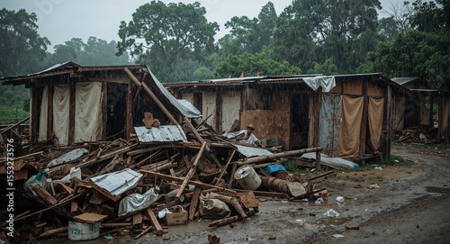 Rain trickles into collapsed barracks where medics last treated wounded escapees
