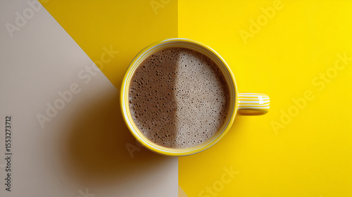 Coffee cup seen from above on split yellow and white backdrop

