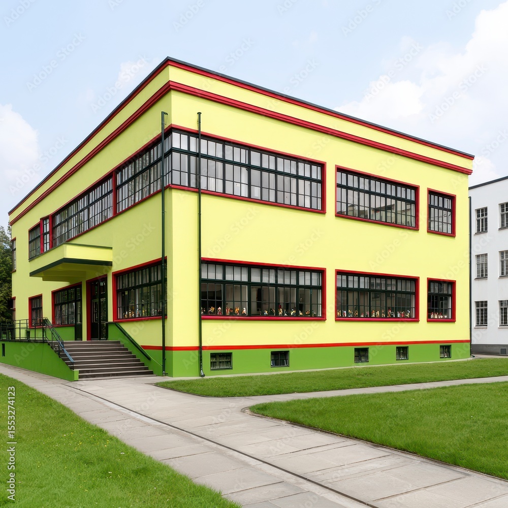 Bright Yellow Modern Building with Red and Green Accents Bright Yellow Modern Building with Red and Green Accents