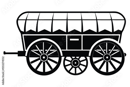 Black Silhouette of a Covered Wagon with Spoked Wheels and Pull Bar Isolated