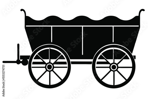 Black Silhouette of an OldFashioned Wagon with Spoked Wheels and Decorative Edge Design