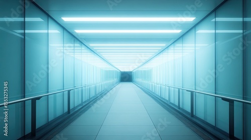 Glass bridge tunnel, captured in a modern architectural style with clear panels and a long perspective.