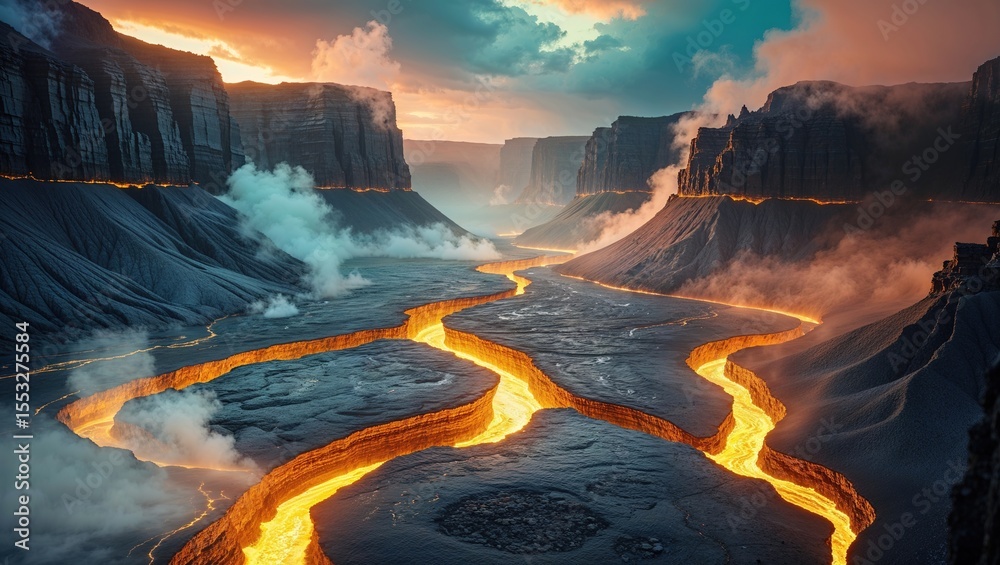 Fototapeta premium A breathtaking surreal planet landscape features flowing lava winding through rocky cliffs under a twilight sky. Smoke rises as colors shift from orange to blue, creating an otherworldly atmosphere