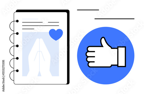 Notebook displaying praying hands with heart and lines of text, paired with a thumbs-up hand gesture. Ideal for faith, support, positivity, mindfulness, approval, spirituality, simple landing page