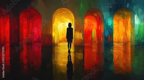 Colorful Archways Painting a Silhouette of Serene Figure Standing Alone Capturing a Moment of Reflection