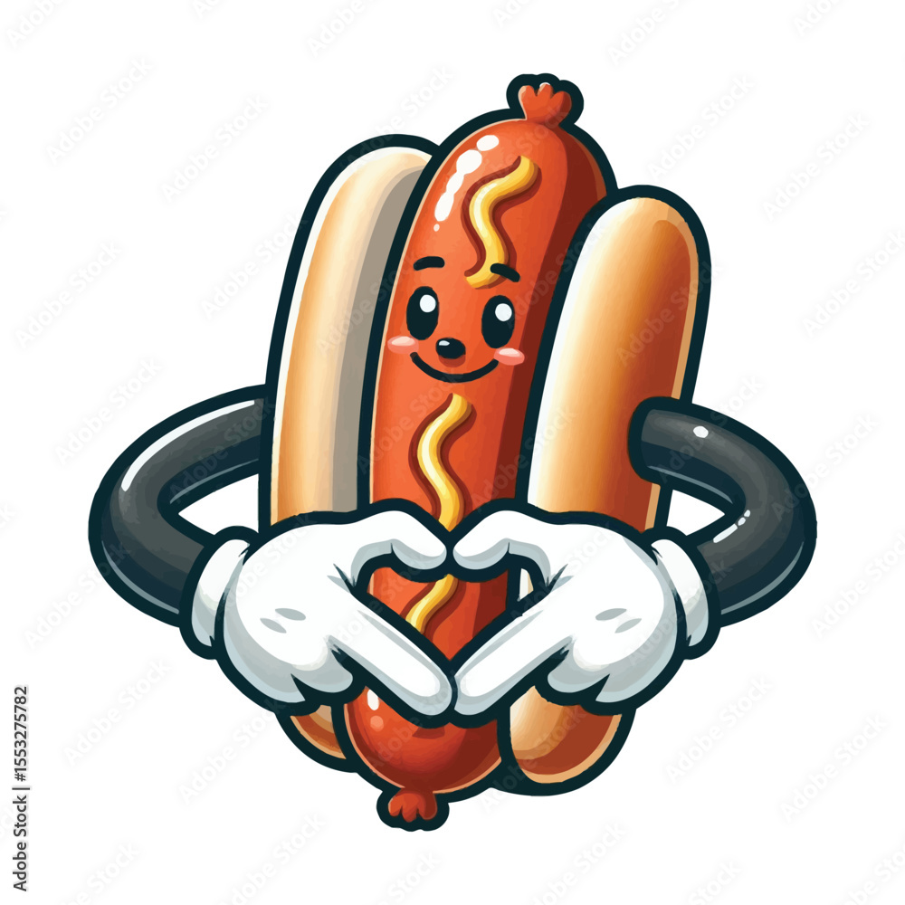 A cartoon illustration of a hot dog with a happy face, wearing white gloves and forming a heart shape with its two black arms. The hot dog is placed on a white background.