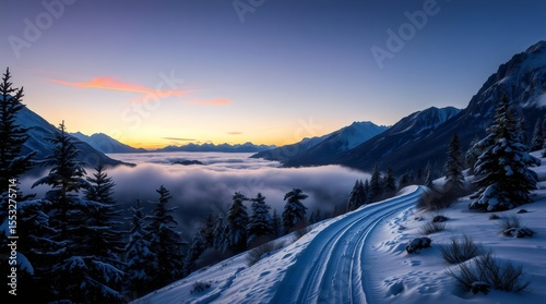 Lonely snow trail winding through winter mountains