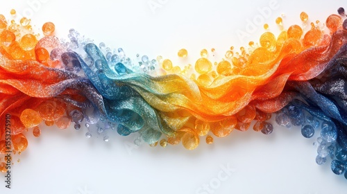 Vibrant abstract wave of flowing crystal beads and strands in orange blue and yellow colors