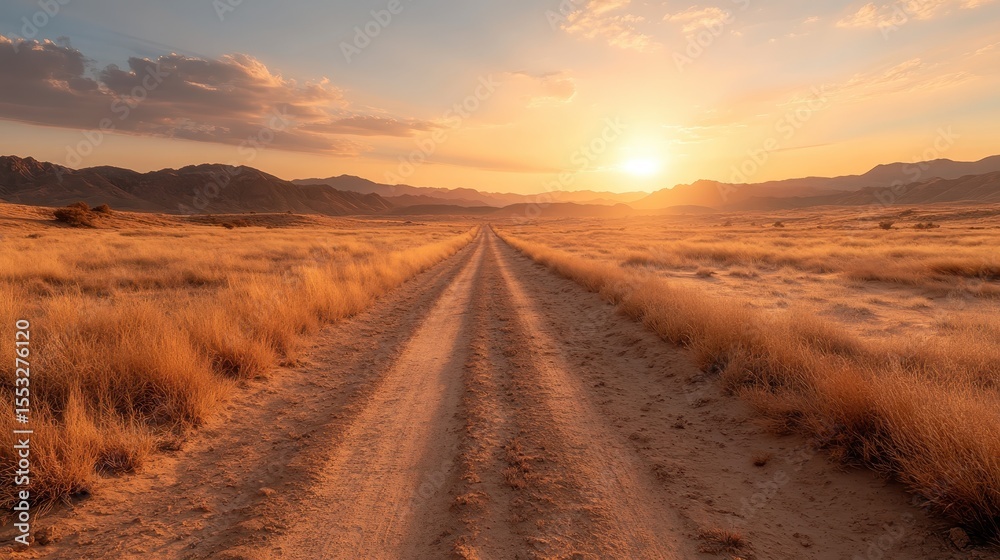 Fototapeta premium A serene desert landscape at sunset, featuring a long, winding dirt road leading into the horizon where warm colors blend beautifully against the evening sky.
