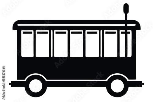 Black Silhouette of an OldFashioned Trolley or Streetcar with Multiple Windows and Wheels
